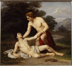 Apolló és Jácint (Apollo és Jácint). A görög isten a halántékon megsérült fiatal férfi fölé hajol a diszkoszvetés edzése közben. Alekszandr Alekszejevics Kiszelev festménye (1855-1918 után), olaj, vászon alkotó: Alexander Alexeyevich Kiselev