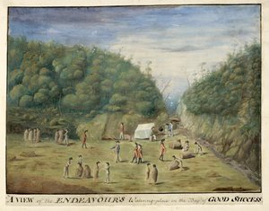 Hozzáadás. 23920, f.11 „Kilátás az Endeavour fürdőhelyéről a Jó Siker-öbölben, Tierra del Fuego, bennszülöttekkel”, 1769. január (toll és tinta akvarellel papíron)