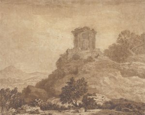 Táj romos templommal, 1756 körül (grafit és mosás papíron) alkotó: Alexander Cozens