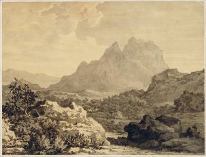 Hegyvidéki táj, 1780 körül (szürke és barna mosás barna alapozású papíron)