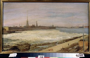 Ice Drift a Néva folyón Szentpéterváron (Jégsodródás Szentpéterváron). Háttérben a Szent Péter és Pál katedrális és az erőd. Alekszandr Dmitrijevics Litovcsenko (Litovcsenko) (1835-1890) festménye, olaj, vászon alkotó: Alexander Dimitrievitch Litovtchenko