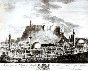 Kilátás Aleppó városára és várára, Szíria, 1754 alkotó: Alexander Drummond