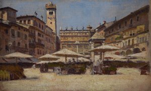 Piazza delle Erbe Veronában, 1900 körül (olaj, vászon) alkotó: Alexander Gierymski