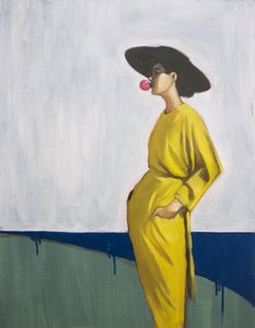 Elegáns nő, rózsaszín buborék