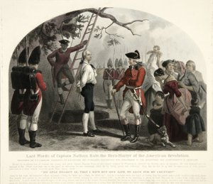 Nathan Hale kapitány utolsó szavai?, kocsma. 1858 (kézzel színezett metszet)