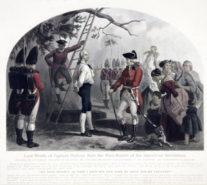 Nathan Hale kapitány utolsó szavai, kocsma. 1858 (kézzel színezett metszet)