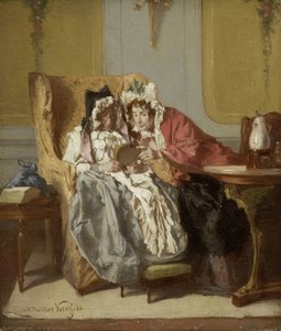 Két hölgy egy kis festményt vizsgál Két hölgy néz egy képet