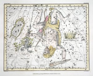 A csillagképek (VIII. tábla) Corona Borealis, Hercules és Cerberus, Lyra, Alexander Jamieson „Egy égi atlasza” című művéből, pub. London 1822 (kézzel színezett metszet)