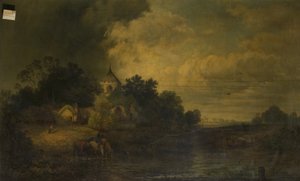 Romantikus táj lovakkal, ivással, 19. század vége