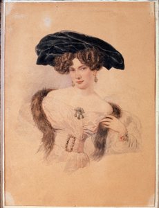 Jevdokija Bakunina (1793-1882) művész portréja fekete barettben (Jevdokija Bakunina művész portréja fekete barettben). Alexander Pavlovich Briullov (Alexander Briullov) (1798-1877) alkotása. Akvarell papíron