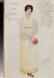 Női előkészítő jelmez Piotr Csajkovszkij (1840-1893) "Jevgene Onegin"" című operájához (P. Csajkovszkij Jevgenyij Anyegin című operájának jelmezterve) - Alekszandr Valentinovics Sredin (Sredine) (1872-1934) munkája, akvarell és ceruza papíron