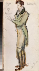 Felkészítő jelmez egy fiatal férfi számára Piotr Csajkovszkij (1840-1893) "Jevgene Onegin"" című operájához (P. Csajkovszkij Eugene Onegin című operájának jelmezterve) - Alekszandr Valentinovics Sredin (Sredine) (1872-1934) munkája , ceruza és akvarell