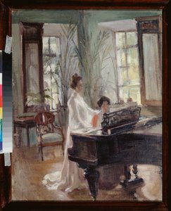 Dans le salon de reception (Egy fogadószobában) - Két nő zenél, énekelnek és zongoráznak - Alekszandr Valentinovics Sredin (Sredine) (1872-1934) munkája, olaj, karton - Orosz művészet 19. század vége – 20. század eleje, modernizmus - Regionális Ar