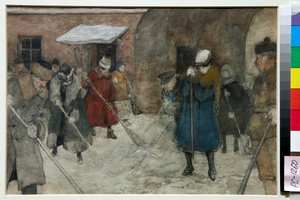 Télen az utcán havat seprő emberek - Alekszandr Ivanovics Vakhramejev (1874-1926) munkája, 1921 körül - Hóeltakarítás - Alekszandr Ivanovics Vakramejev (1874-1926) akvarell, fehér színű, fekete kréta papíron, kb 1921 - 21,4x29 0,5 cm - St alkotó: Alexander Vakhrameyev