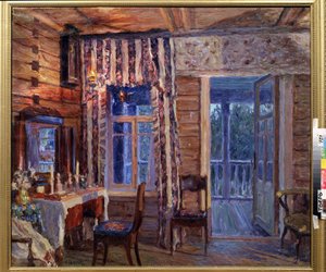 Belső ikon lámpával. Alekszandr Viktorovics Moravov (Alexander Victor) festménye (1878-1951), olaj, vászon