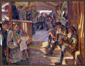 Jelenet egy orosz hadsereg besorozási posztján, ahol férfiak beszélgetnek, olvasnak, harmonikáznak. (Egy toborzó állomáson). Alekszandr Viktorovics Moravov (Alexander Victor) festménye (1878-1951)