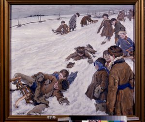 Téli sportok (Winter Sports). Szánkózás jelenet, havas mezőn, melegen öltözött gyerekek szórakoznak és hangosan nevetnek. Alekszandr Viktorovics (Alexander Victor) Moravov (1878-1951) festménye, olaj, vászon