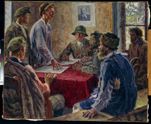 A szegényparasztok bizottságának ülése 1918-ban (A Szegényparaszt Bizottság ülése 1918-ban). Alekszandr Viktorovics Moravov (Alexander Victor) festménye (1878-1951), olaj, vászon