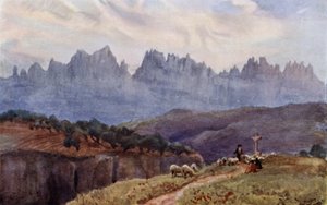 Montserrat-hegység Manresából, Barcelona közelében (színes litho)
