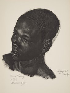 Ialingede, Mandja verseny. (Fort Lamy), a Drawings and Paintings of Africa-ból, a Citroen Center Africa expedíció során, a második Haardt Audouin-Dubreuil küldetés, pub. Párizs, 1927 (színes világítás