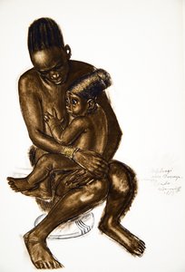 Nafarangui, Eki Bondo felesége gyermekével (Bondo) Haut Ouelle, a Drawings and Paintings of Africa-ból, kivégezték a Citroen Center Africa expedíció során, a második Haardt Audouin-Dubreuil küldetésben,