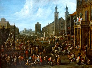 Piaci jelenet utcai előadóművészekkel és más figurákkal (olaj, vászon) alkotó: Alexander van Bredael