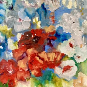 Élénk színekkel festett absztrakt virágok alkotó: Alexandra Higgins