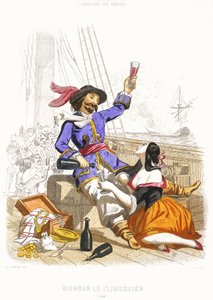 Henry Morgan kapitány borral és nőkkel szórakozik, igazi kalóz módra, 19. század közepe (színes metszet) alkotó: Alexandre (after) Debelle