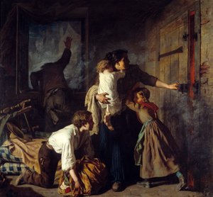 Tűzjelenet. Egy lakásukban ragadt család próbál kimenekülni az épület tüzéből. A családapa az ablakból kiált segítséget. Alexander Antigna (1817-1878) festménye