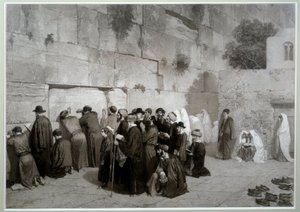 Judaizmus: „” Salamon fala”” Zsidó vallású férfiak és nők imádkoznak a Siratófal előtt. 1857 előtt. Alexandre Bida (1823-1895) rajza, mosógép, toll és ceruza papírra, Dim. 0,61x0,87 m Malmaison, kastélymúzeum