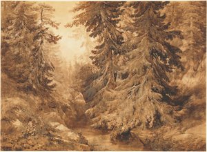 Ősi fenyőerdő hegyi patakkal alkotó: Alexandre Calame