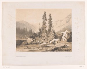 Hegyi táj lucfenyőkkel és hegyi kecskékkel Sapins (cím az objektumon) alkotó: Alexandre Calame