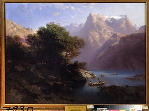 ""Hegyi táj tóval Svájcban"" (Mountain lake) Alexandre Calame (1810-1864) festménye 1860 Regionális Művészeti Galéria, Tambov Oroszország alkotó: Alexandre Calame