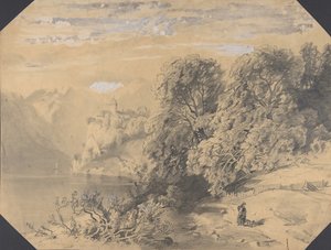 Nő kutyával egy hegyi tó mellett, a 19. század eleje-közepe. alkotó: Alexandre Calame