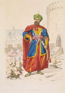 Ali Khoja, Algír uralkodója 1816-1818, zöld turbánban és finom karddal, körülötte a legyőzött ellenség levágott fejei az 1816-os bombázás után, 19. század közepe (színes metszet).