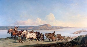 Hajókat húzó lovak rögzítése a Rhone-on, c1825-1870 alkotó: Alexandre Dubuisson