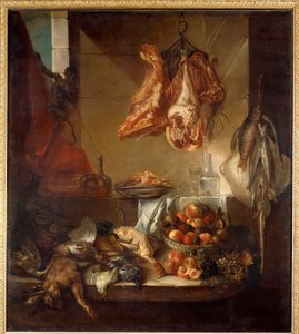 Konyhai belső csendélet vadból, gyümölcsből és húsból. Francois Desportes (1661-1743) festménye 18. századi Chalons sur Marne, Musee des Beaux Arts