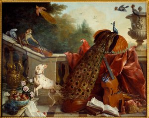 Állatok, virágok és gyümölcsök Kutya, hegedűs majom, páva, papagáj, paradicsommadár, vonós hangszerek. Francois Desportes (1661-1743) festménye 1717 V. 1,24x2,31 m Grenoble, a musee des Beaux Arts alkotó: Alexandre Francois Desportes