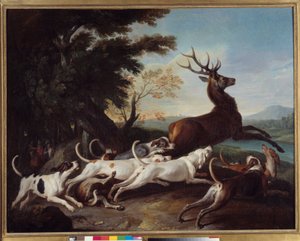 Vadászat: „” Debuche du deer”” Francois Desportes (1661-1743) festménye 1718 V. 1,1x1,45 m Rouen, Szépművészeti Múzeum alkotó: Alexandre Francois Desportes
