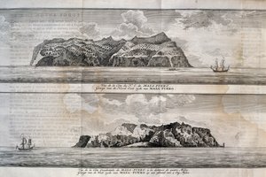 Kilátás az Alejandro Selkirk-szigetre vagy a Mas Afuera-szigetre, Juan Fernandez-szigetcsoport, Chile, metszet