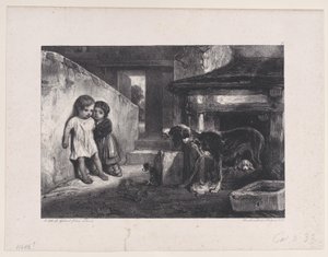 Gyerekek megrémülve a vicsorgó kutyától, a Vadászjelenetek sorozatból, 1829. alkotó: Alexandre Gabriel Decamps