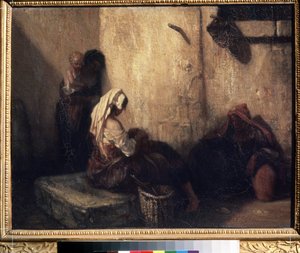 ""Utcai jelenet Olaszországban"" (olasz utcai jelenet) Három nő, néhány anya és valószínűleg piaci árusok árnyékai egy sötét sikátorban. Középen egy nő valószínűleg gyermeket téveszt (deousing). Alexandre Gabriel Decamp festménye alkotó: Alexandre Gabriel Decamps