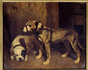 Alexandre Gabriel Decamps (1803-1860) skót bulldog és terrier festménye 19. század V. 1,04x1,34 m