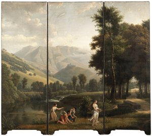 Árkádiai táj virágokat gyűjtögető leányzókkal a folyóparton, mögötte egy dombtetőn található kastély, 1801