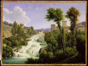 Kilátás az Ile de Sora szigetéről a kastély vízesései fölött, 1822 körül.
