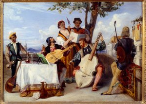 A velencei koncertzenészeket (cselló, lant, hegedű) és énekeseket a teraszon egy fekete szolga szolgálja ki. Alexandre Hesse (1806-1879) festménye, 19. századi Nantes, Szépművészeti Múzeum