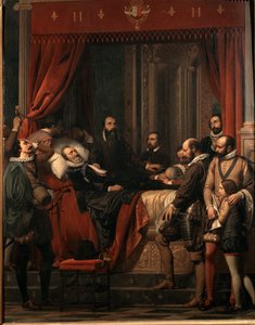 Henrik francia király halála, holttestét Alexandre Hesse (1806-1879) Louvre-festménye mutatja be.