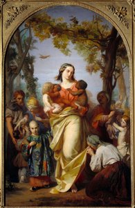 Egyetemes Jótékonyság. A Jótékonyság megszemélyesítése, aki karjában tartja a világ különböző népeit. Alexandre Laemlein (1813-1871) festménye alkotó: Alexandre Laemlein