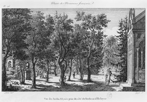 Musee des Monuments Francais, Párizs, kilátás a Jardin Elysee-re Heloise és Abelard sírjából, vésette Laurent Guyot (1756-1806)