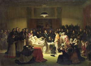 A francia Charles-Ferdinand (1778-1820) utolsó pillanatai a párizsi operaház adminisztrációs termében, 1820. február 14., 1828 körül alkotó: Alexandre Menjaud